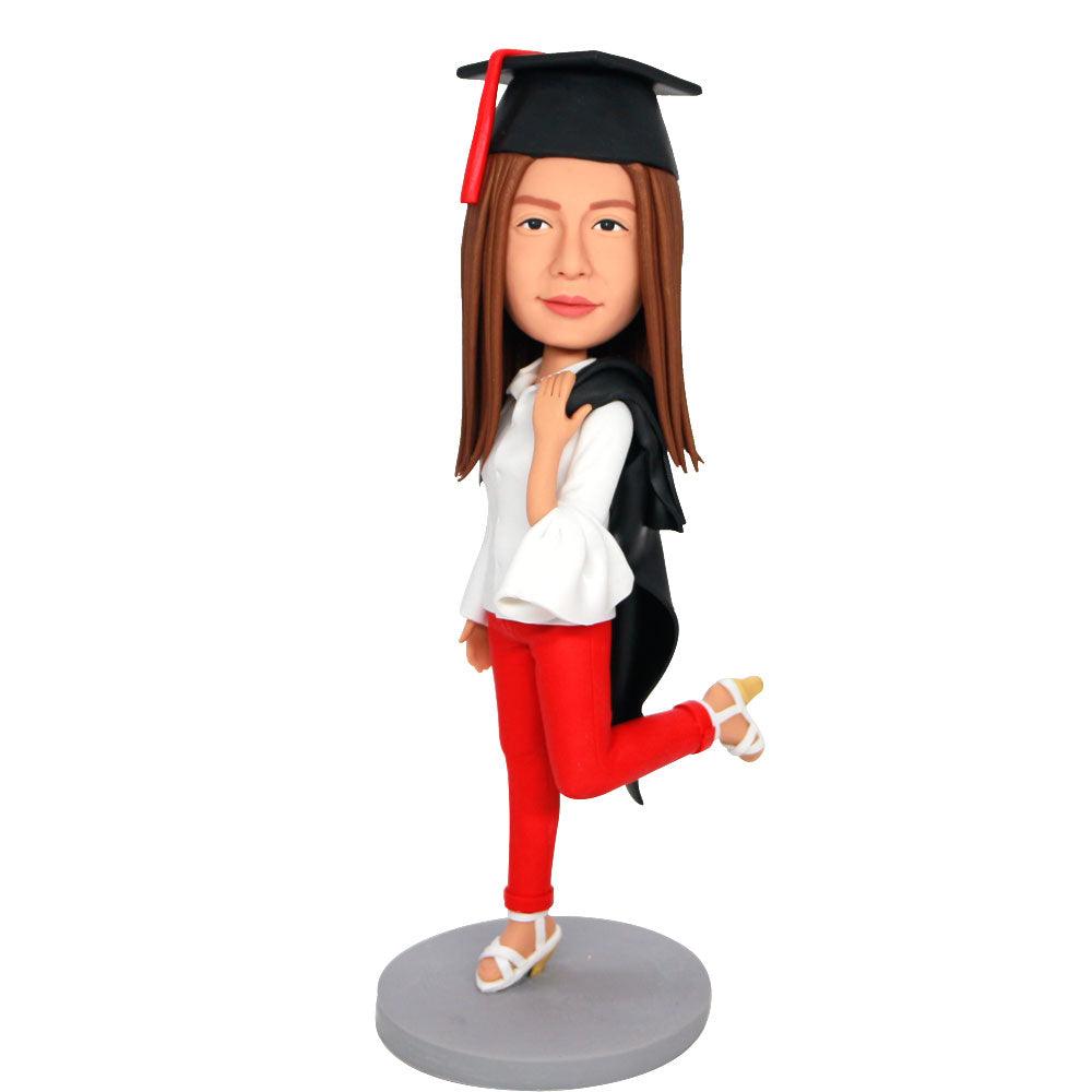 Female Graduates In Red Pants And Drape The Gown Over Your Shoulder Custom  Graduation Bobbleheads