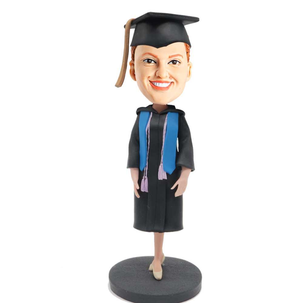 Personalized Female Graduate In Black Gown and Blue Ribbon Custom Grad ...