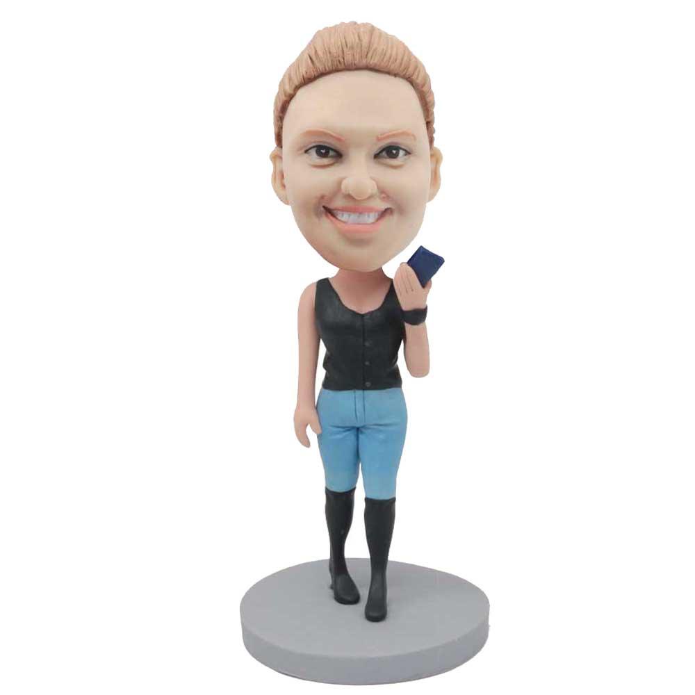 Female In Black Vest And Holding A Cell Phone Custom Figure Bobblehead