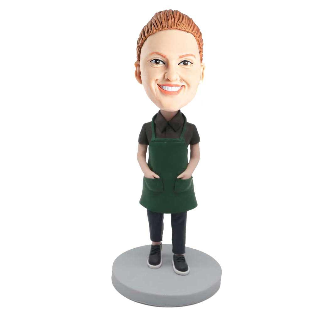 Female In Green Apron And Hands Insert Pocket Custom Figure Bobblehead