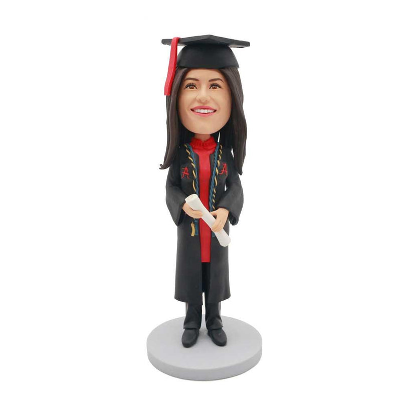 Happy Female Graduate In Black Gown And Red Dress Custom Graduation  Bobblehead