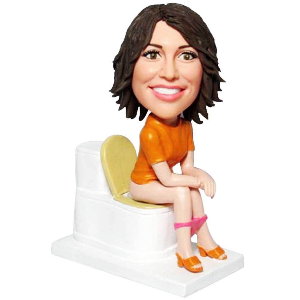 Humorous Female In Orange T-shirt On The Toilet Custom Figure Bobblehead