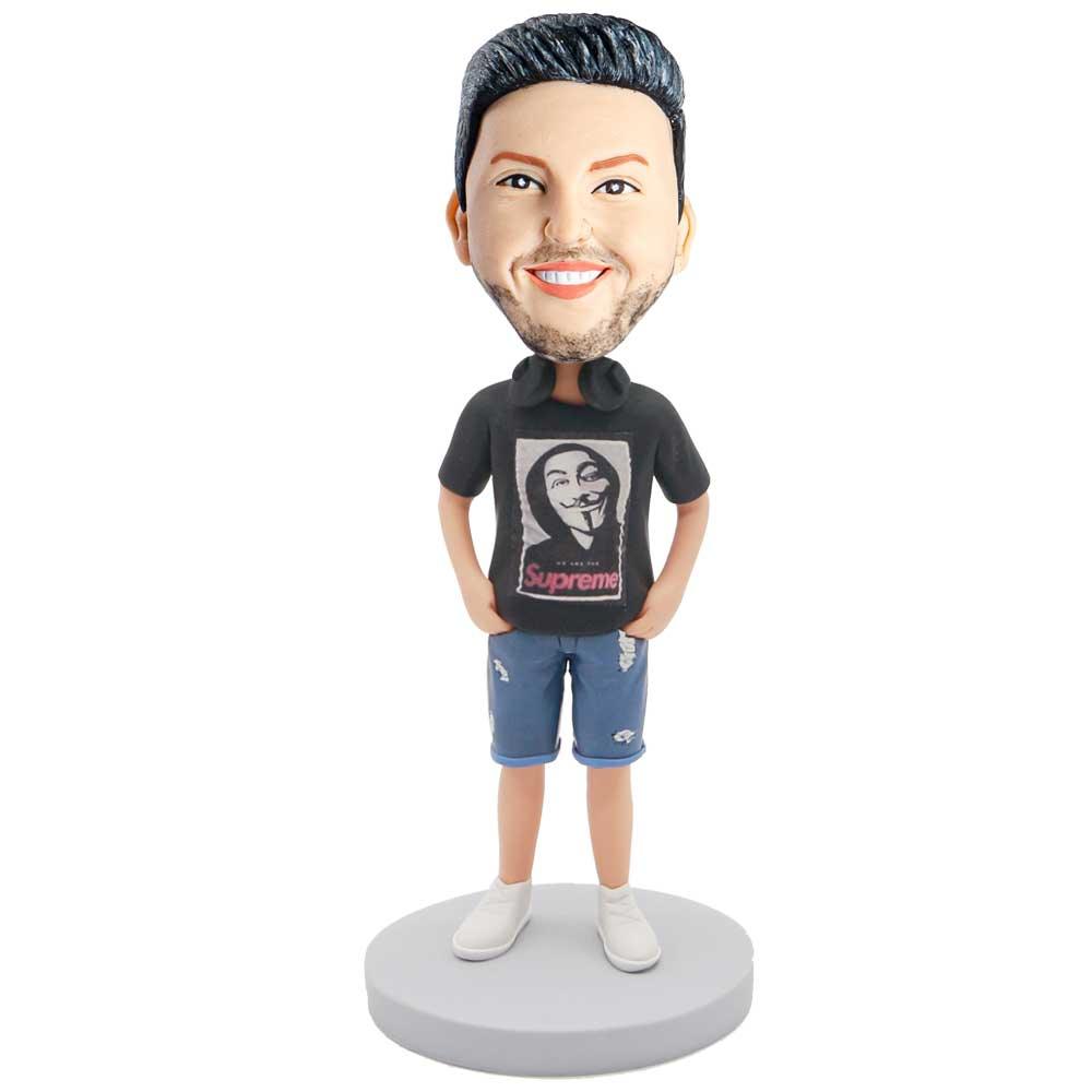 Male In Black T-shirt And Blue Jean Shorts Custom Figure Bobblehead