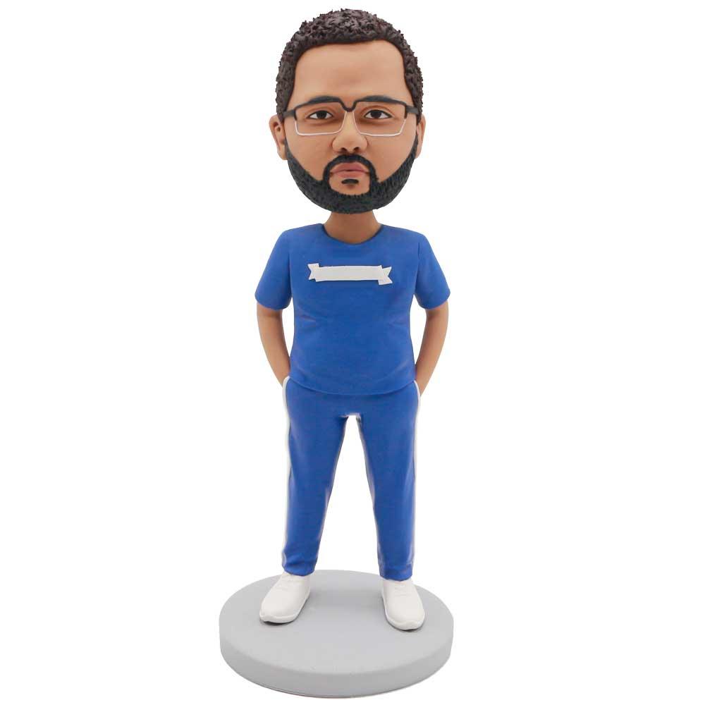 Male In Blue Sportswear And Hands In Pockets Custom Figure Bobblehead