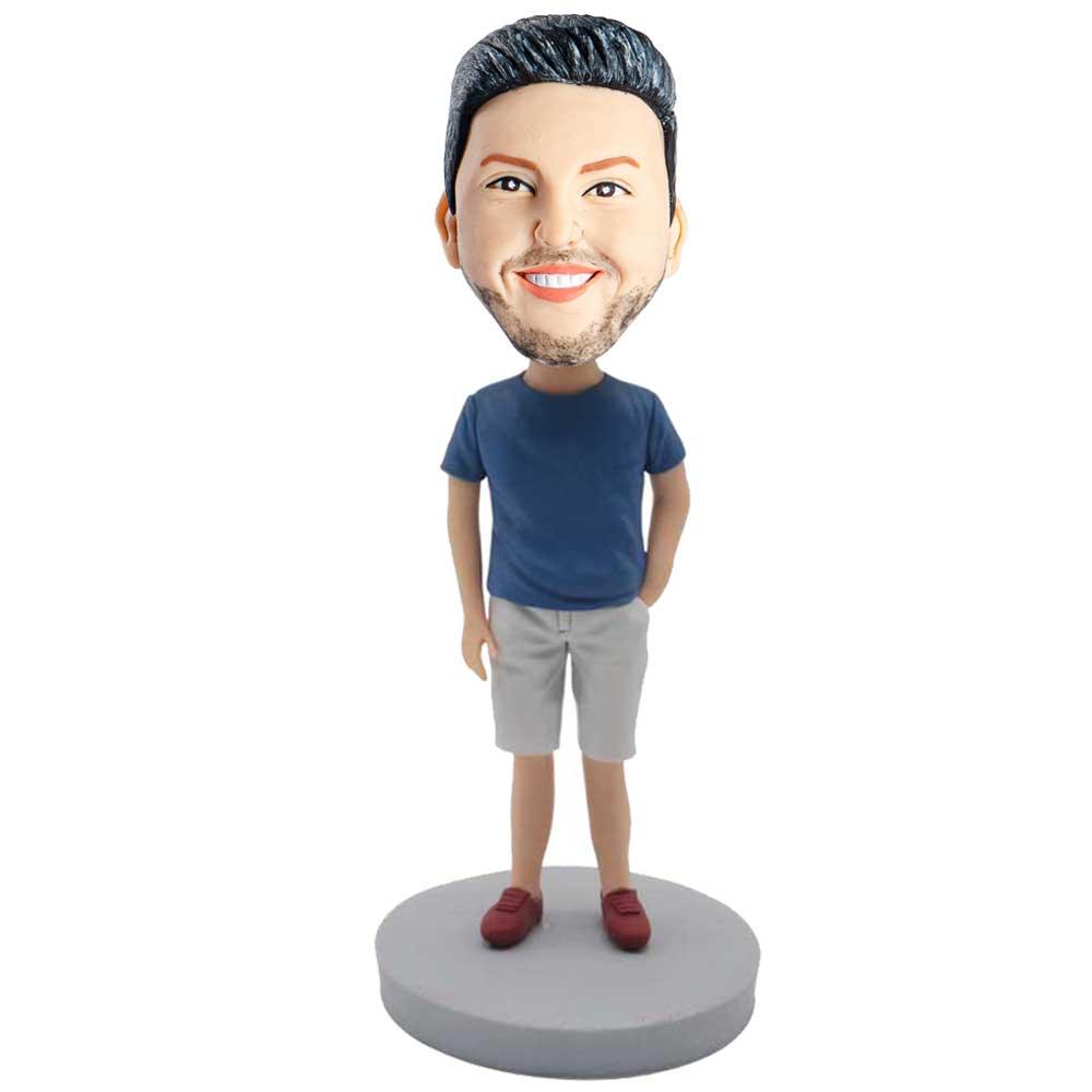 Male In Blue T-shirt And One Hand In The Pocket Custom Figure Bobblehead - Figure Bobblehead