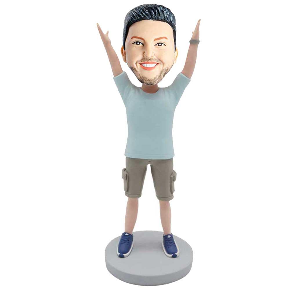 Male In T-shirt And Two Hands Stretched To The Sky Custom Figure Bobblehead - Figure Bobblehead