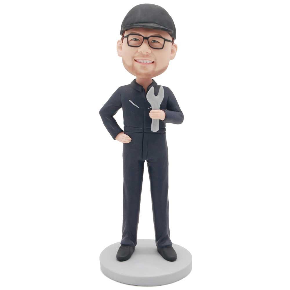 Male Repairman In Work Clothes With Wrench Custom Figure Bobblehead